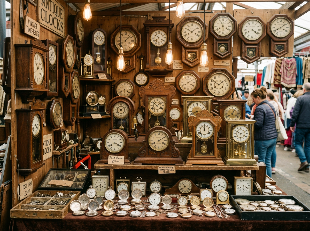 Collection of antique clocks displayed in a flea market booth