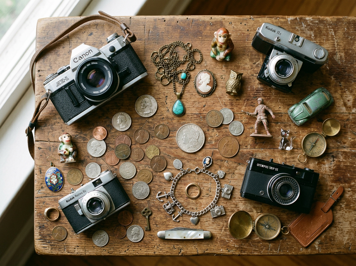 Eclectic secondhand treasures flat lay featuring vintage items